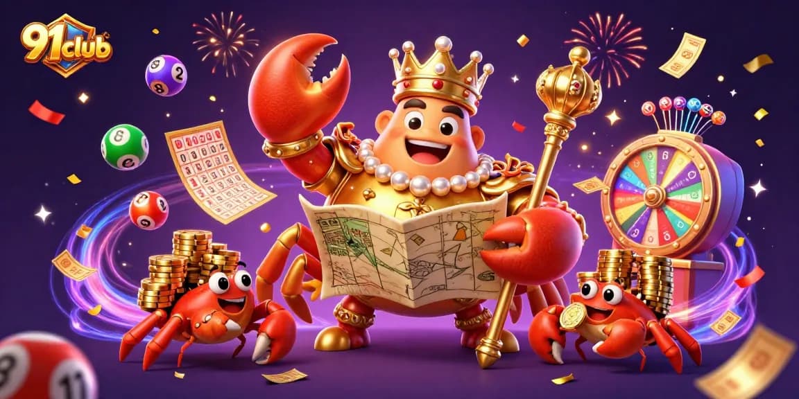 Engage with 91club's vibrant gambling experience featuring a golden crab emperor amidst festive gaming elements.
