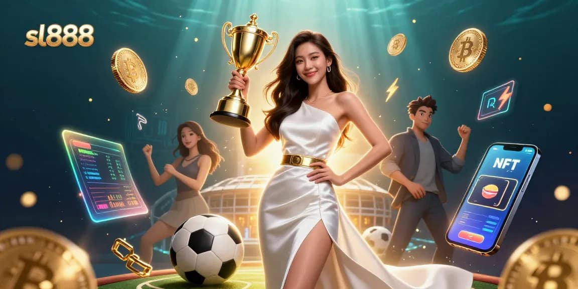 Experience winning moments with sl888 in a vibrant 3D casino scene featuring a trophy and sports elements.