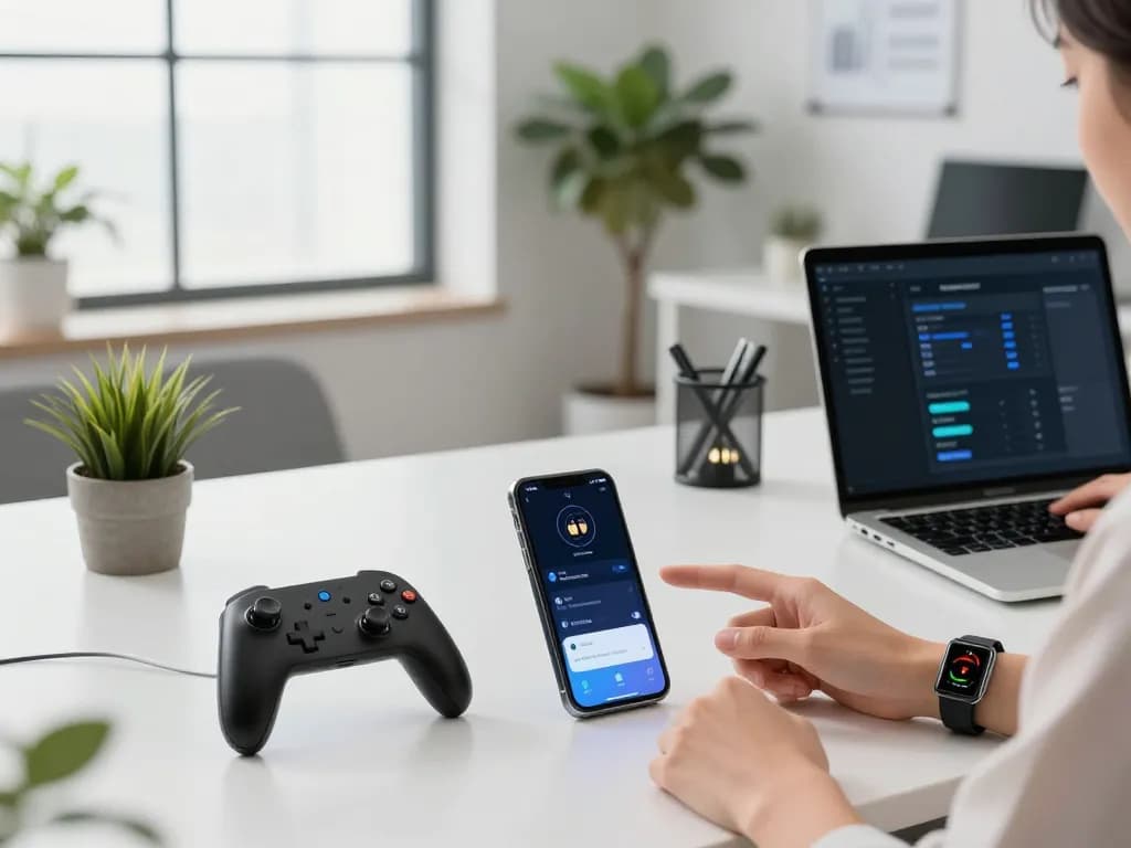 Explore smart tech gadgets in a modern workspace featuring Bluetooth controller, smartwatch, and smartphone.
