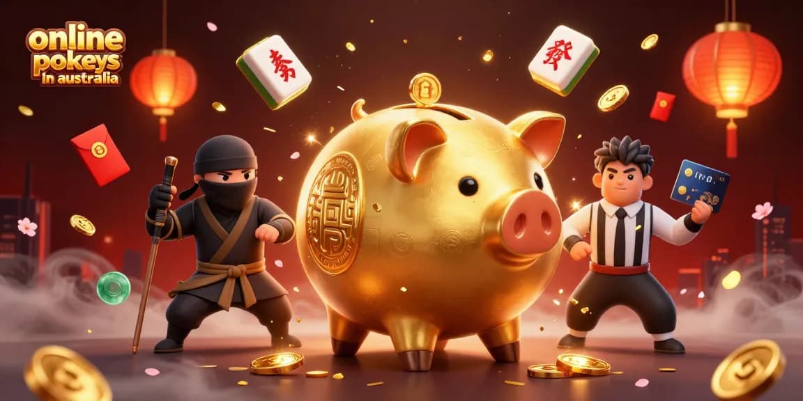 Play exciting online pokies in Australia with a vibrant scene of a sumo wrestler piggy bank celebrating wins.