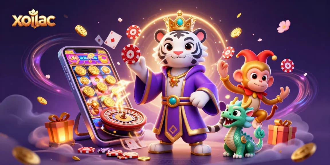 Engage with xoilac's exciting atmosphere featuring vibrant characters and lively casino elements.