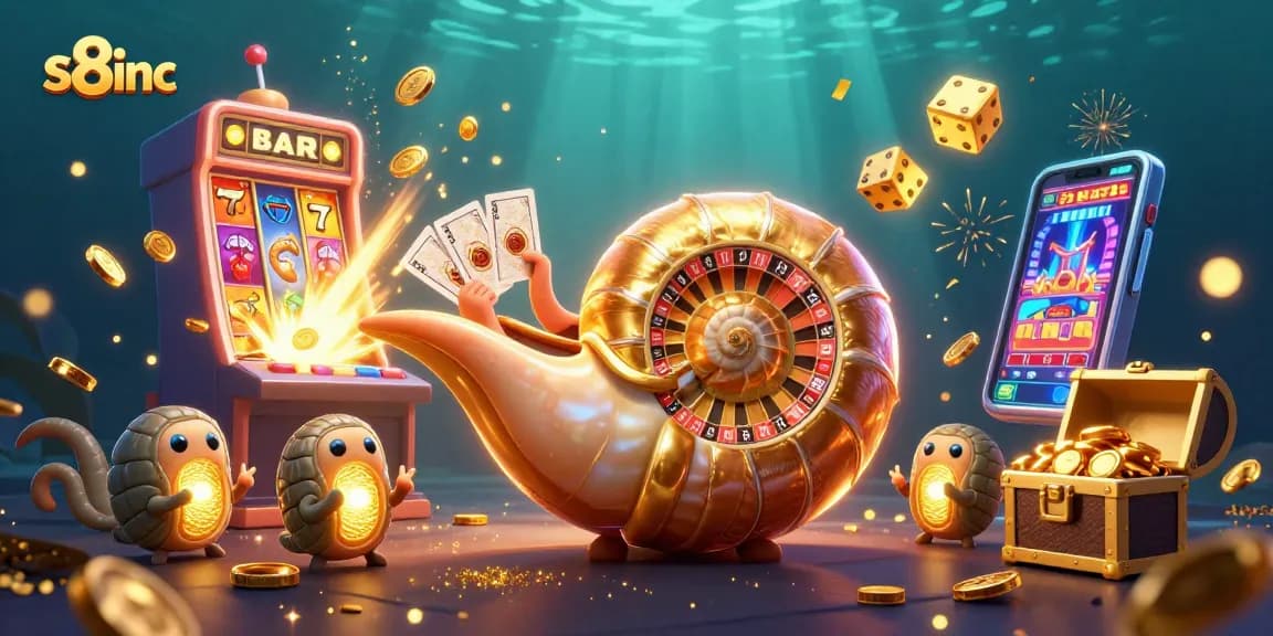 Engage in thrilling slot games and casino experiences at s8inc, illustrated with vibrant 3D characters and jackpots.