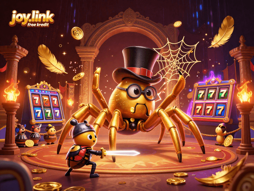 Engage with the joy.link free kredit benefits through vibrant casino scenes featuring a giant tarantula and beetle knight.