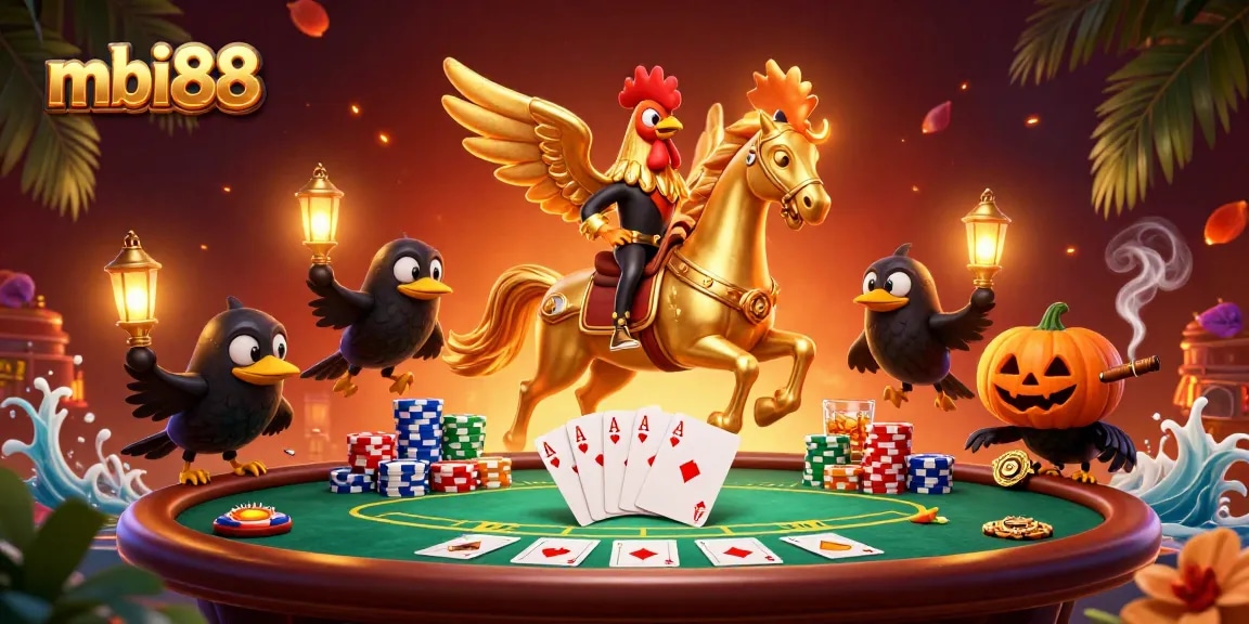 Experience thrilling gaming action at mbi88 with dynamic 3D casino elements and festive characters.