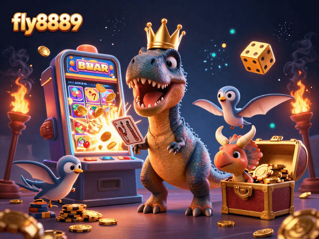 Experience thrilling gameplay with a friendly T-Rex at fly8889 shuffling cards amidst a jackpot explosion.