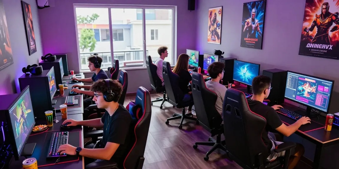 Engaging gaming lounge scene highlighting friends playing gay porn games together in a vibrant atmosphere.