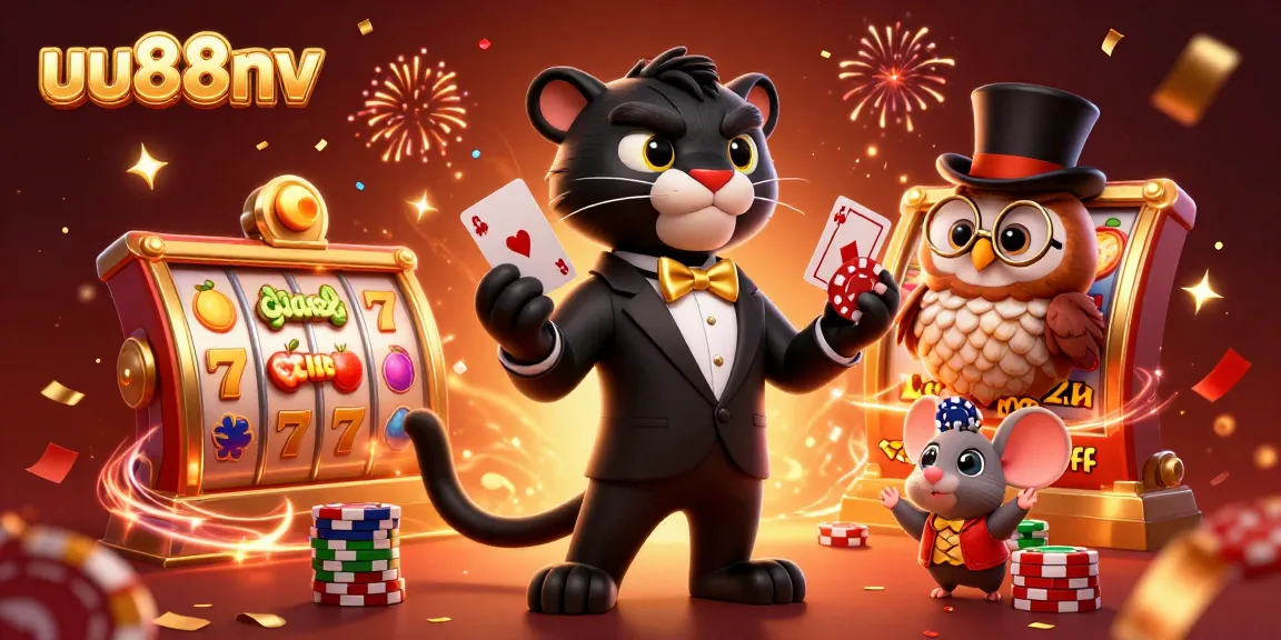 Spin to win with uu88nv, a fun 3D illustration featuring a stylish panther dealer in a casino.
