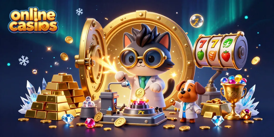 Engage with online casinos featuring a mad scientist cat and his assistant amidst gold coins and slot reels.