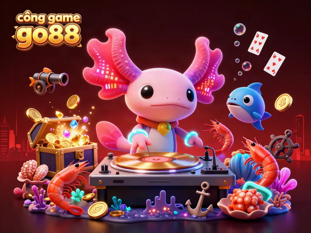Engage in vibrant gaming at cổng game go88 with a neon DJ, dancing shrimp, and underwater treasures.