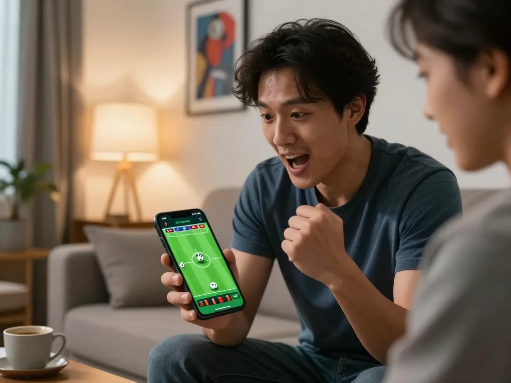 Engaged sports bettor using a mobile app for keo nha cai during a live football game.