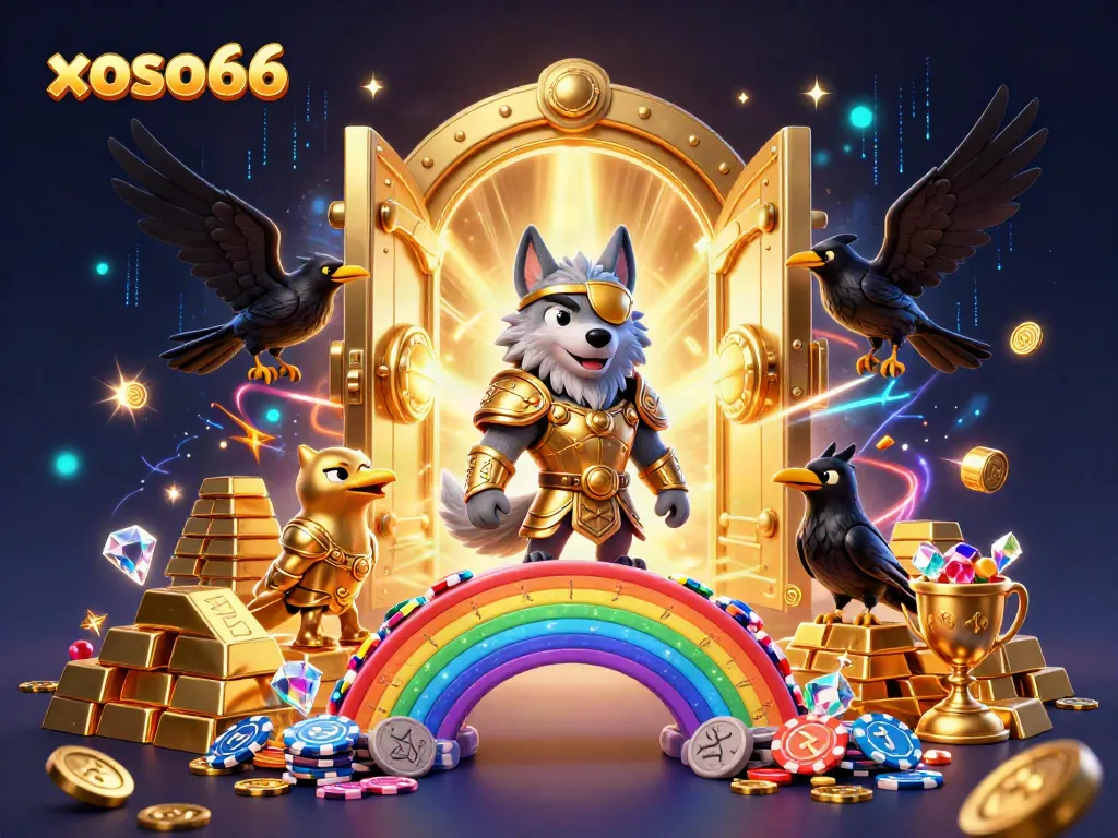 Experience the thrill of xoso66 with an adventurous Odin wolf and ravens in a vibrant casino world.
