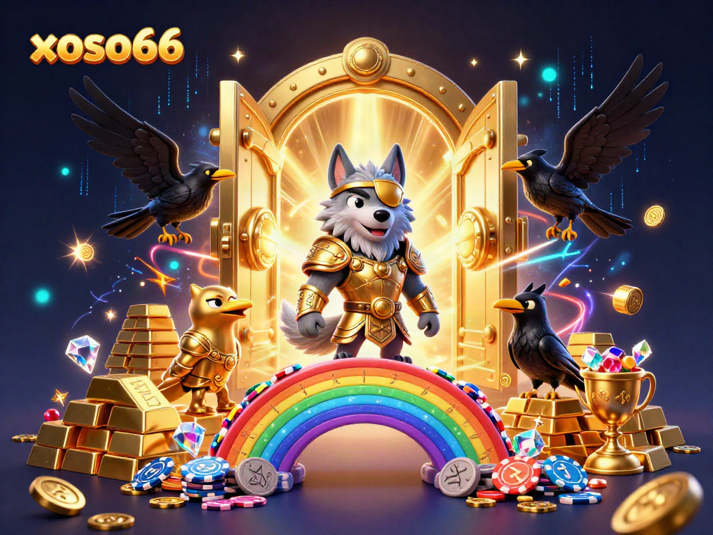 Experience the thrill of xoso66 with an adventurous Odin wolf and ravens in a vibrant casino world.
