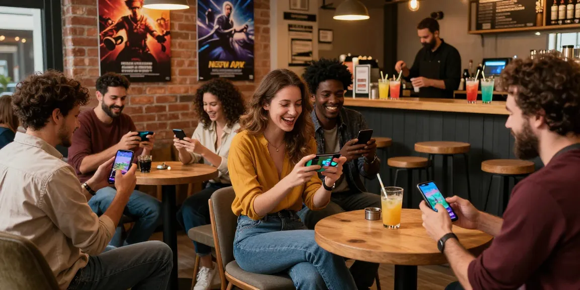 Friends enjoying NSFW APK games at a trendy café, showcasing engagement and excitement.