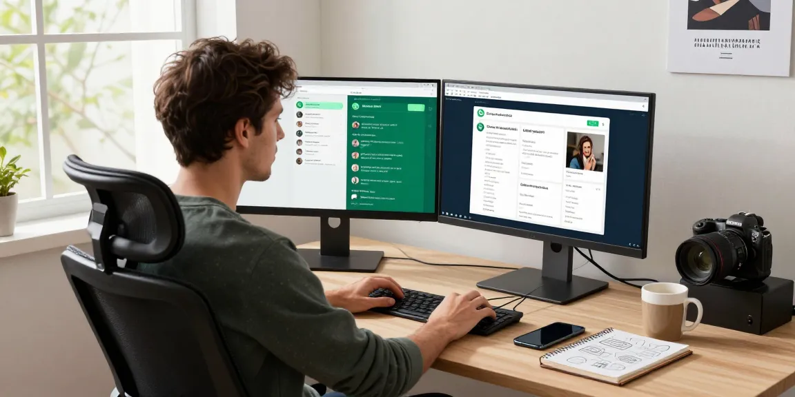 Engaging with WhatsApp電腦版 on a modern workspace with dual monitors and personal touches.