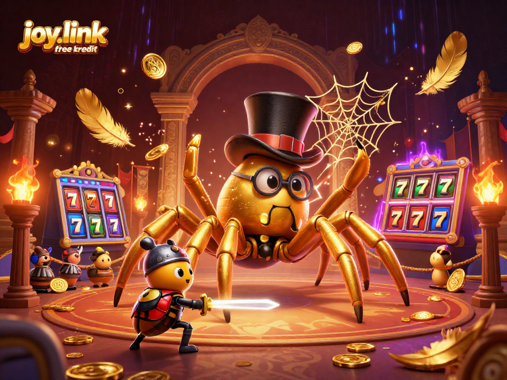 Engage with the joy.link free kredit benefits through vibrant casino scenes featuring a giant tarantula and beetle knight.