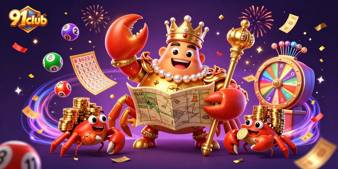 Engage with 91club's vibrant gambling experience featuring a golden crab emperor amidst festive gaming elements.