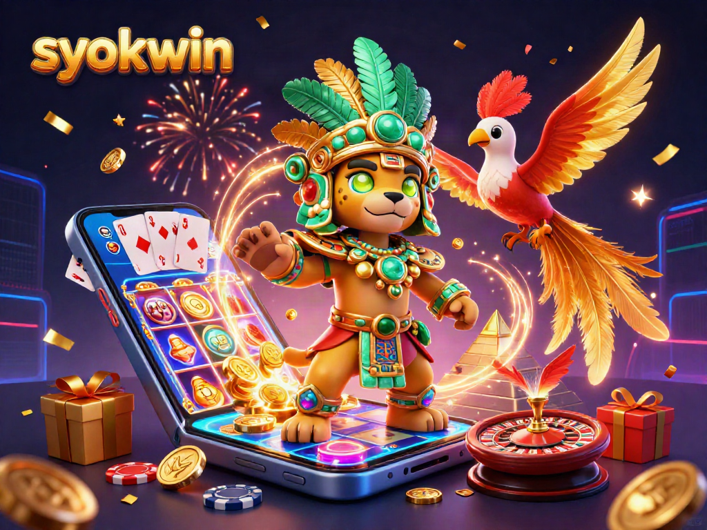 Experience thrilling gaming with syokwin's dazzling characters in a festive casino scene.