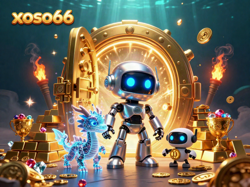 Experience the thrill of winning with xoso66 lottery, surrounded by treasures and neon excitement.