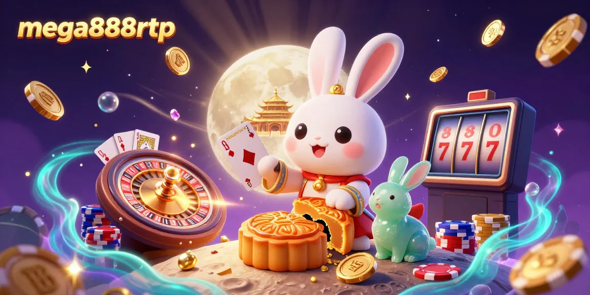 Experience the excitement of mega888rtp with a lunar-themed casino illustration featuring vibrant game elements.