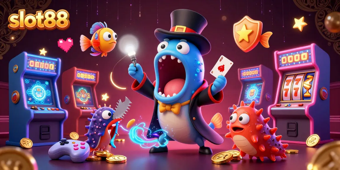 Experience the thrill of slot88 as a deep-sea gulper eel magically performs card tricks in a vibrant casino.