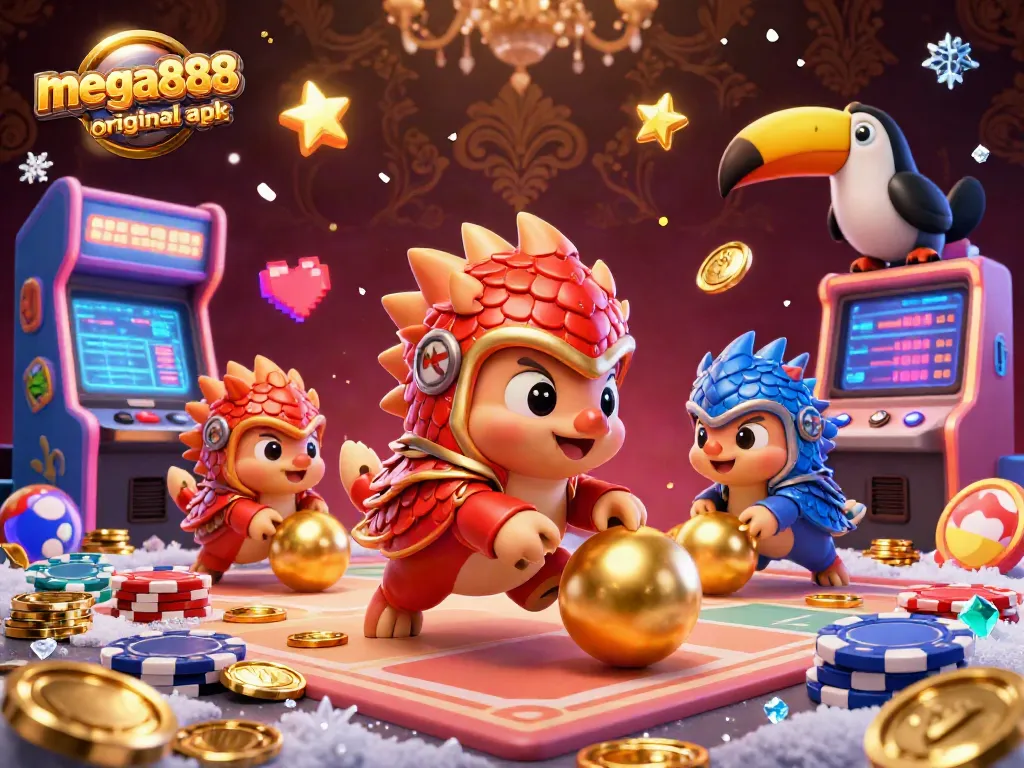 Play the thrilling mega888 original apk casino games with cartoon pangolins rolling poker chips in a vibrant arcade.