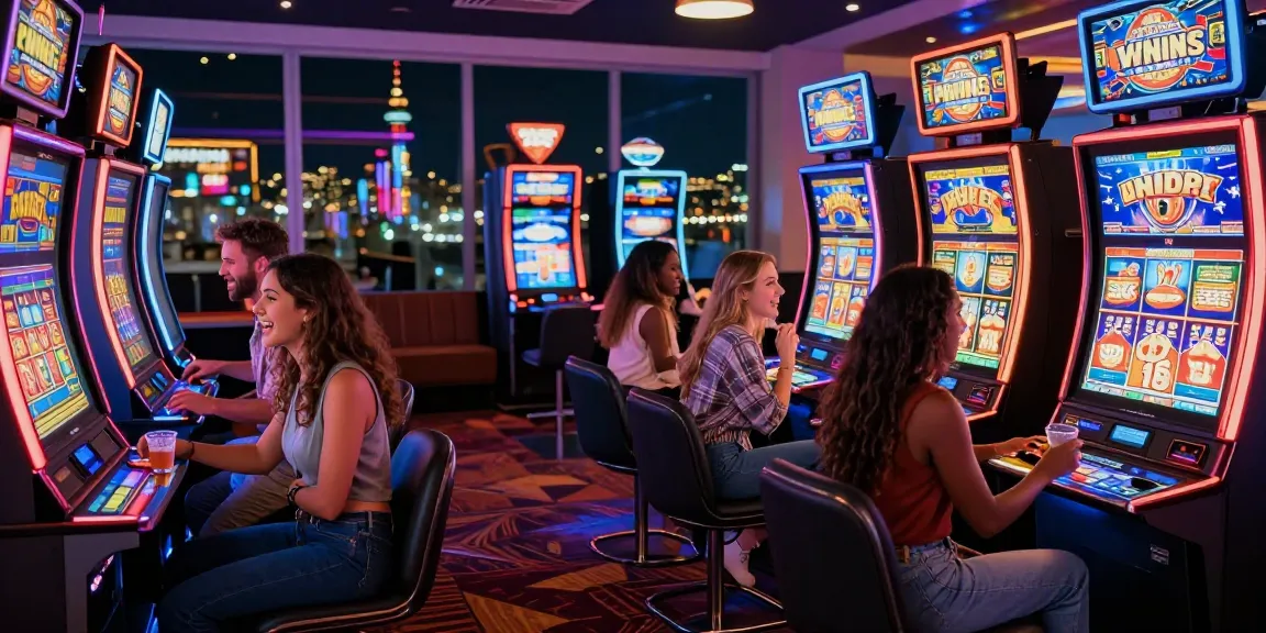 Slot gacor malam ini evening in a vibrant casino with friends celebrating a win.