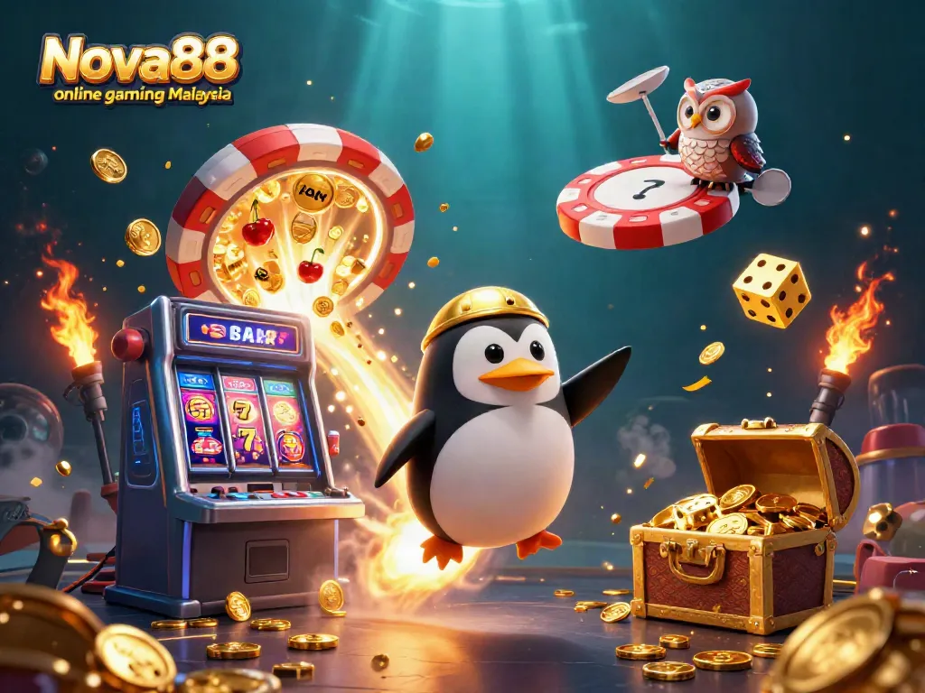 Experience the thrill of Nova88 online gaming Malaysia with a vibrant casino-themed illustration.