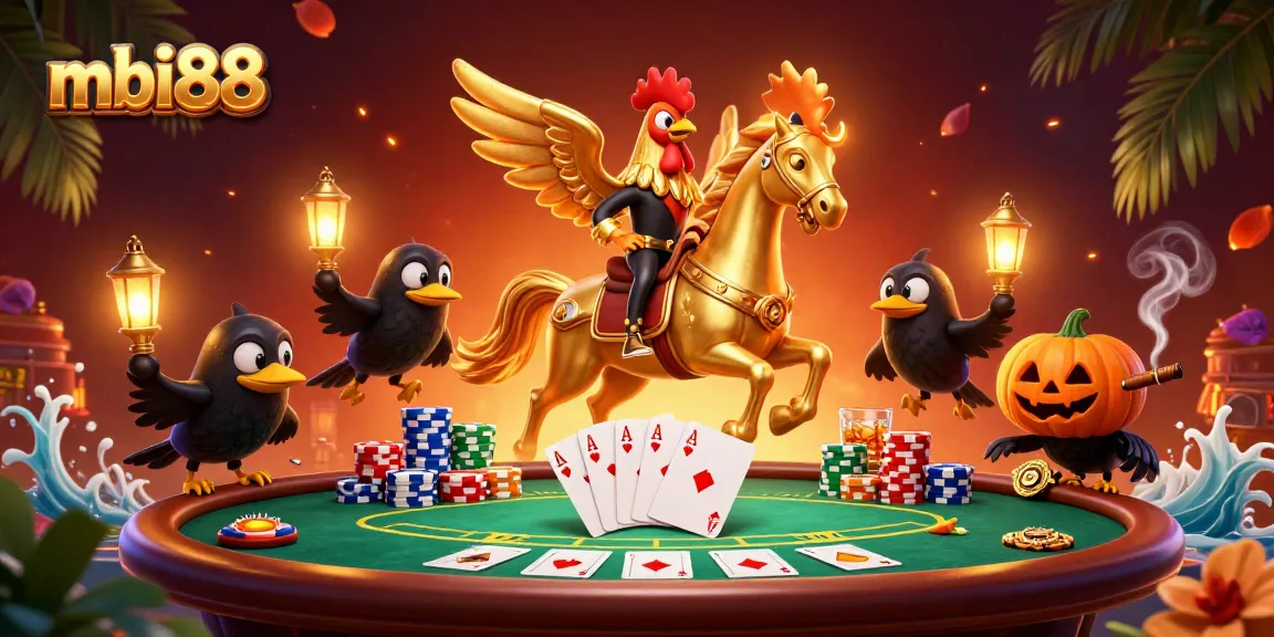 Experience thrilling gaming action at mbi88 with dynamic 3D casino elements and festive characters.