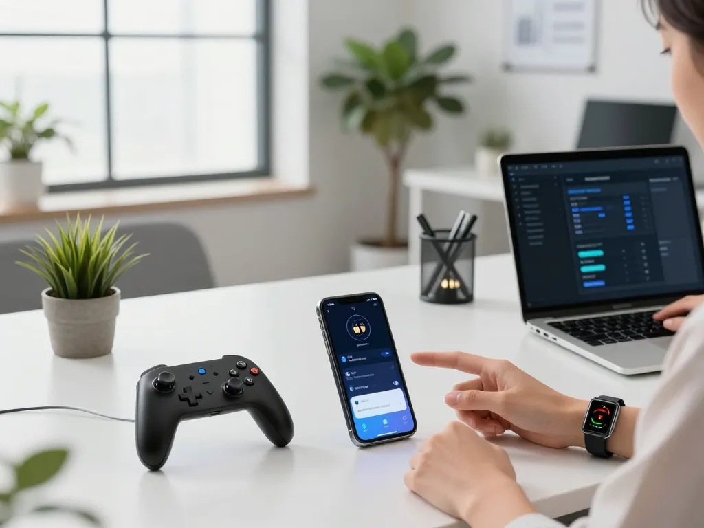Explore smart tech gadgets in a modern workspace featuring Bluetooth controller, smartwatch, and smartphone.
