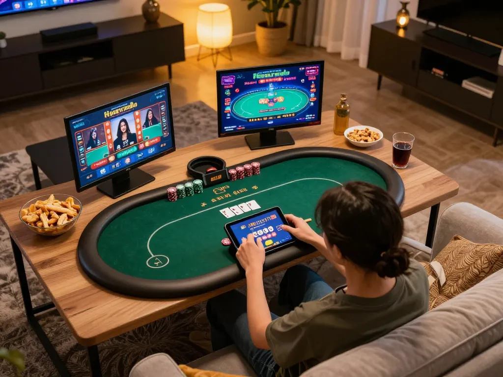 Engaging in online poker on a tablet at home, f8betlv tablet gaming scene showcases exciting gambling.