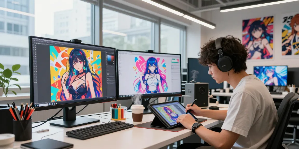 AI ecchi artist creating vibrant artwork in a modern studio
