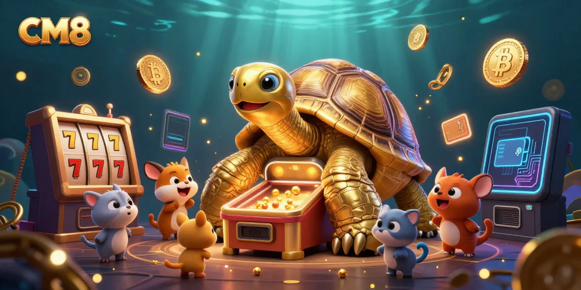 Engage with the CM8 gaming world featuring the colossal golden tortoise as a pinball machine amidst vibrant slot elements.