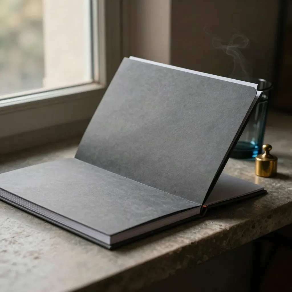 Folder audit matte, buku kerja kompak dan pemberat gangsa di atas ledge batu gelap.