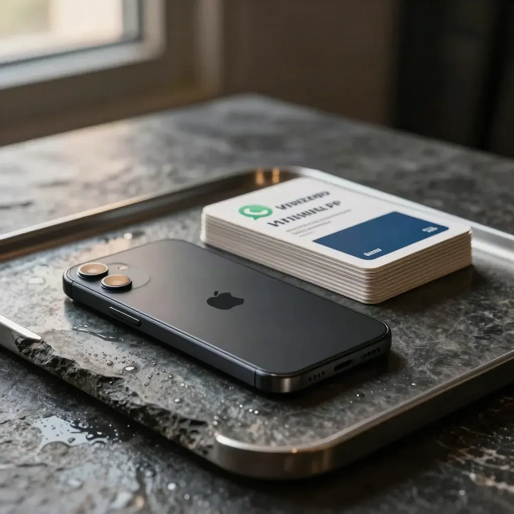 Telefon hitam matte, kad corong WhatsApp dan dulang logam di atas batu basah