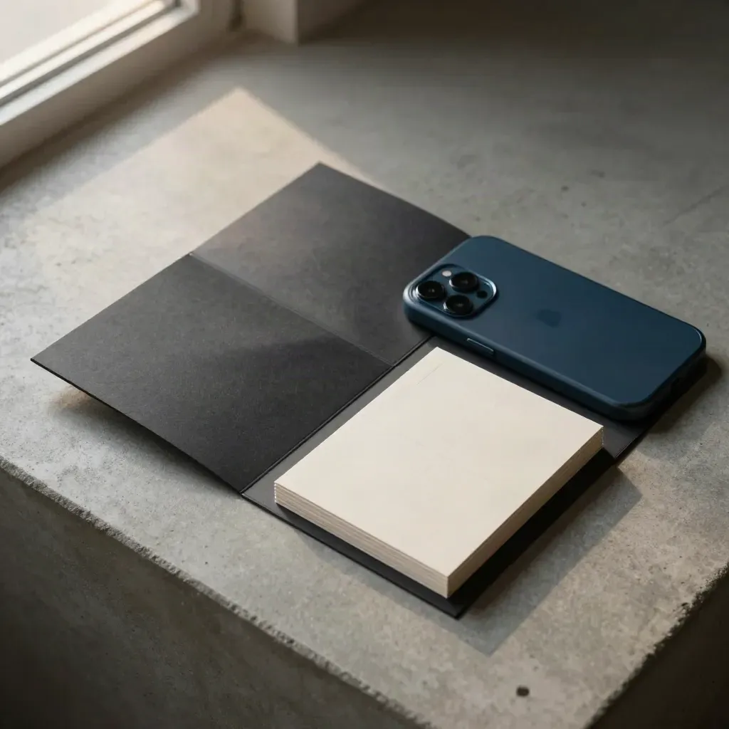 Susun atur folder, sarung telefon biru gelap dan kad bertindan di atas konkrit.