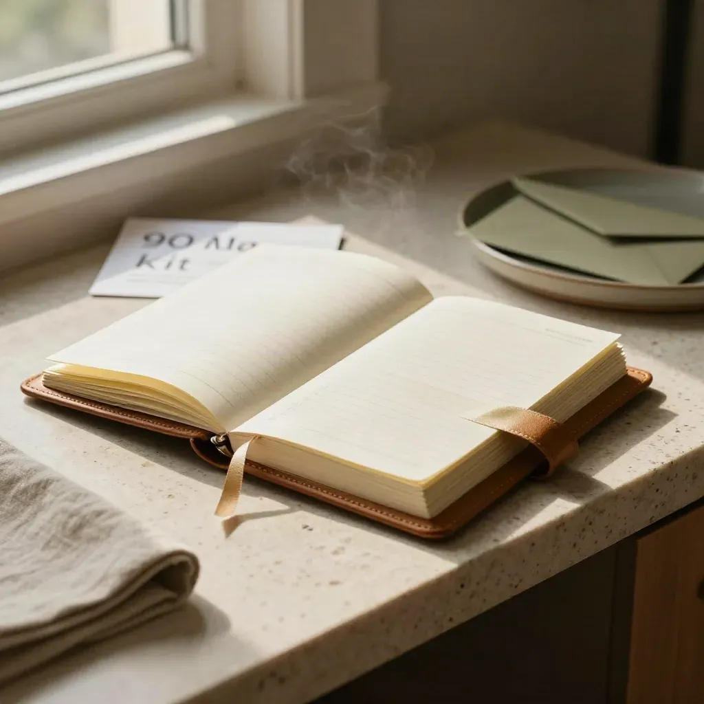 Kit bimbingan founder 90 hari dengan buku nota kulit, perancang bertab dan sampul tertutup.