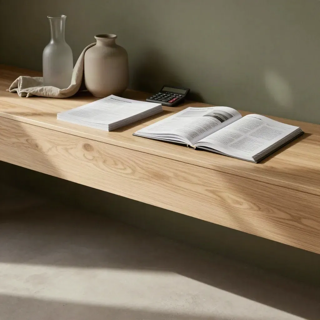Landskap dalaman kayu dengan folio laporan, kain linen dan cahaya matahari lembut