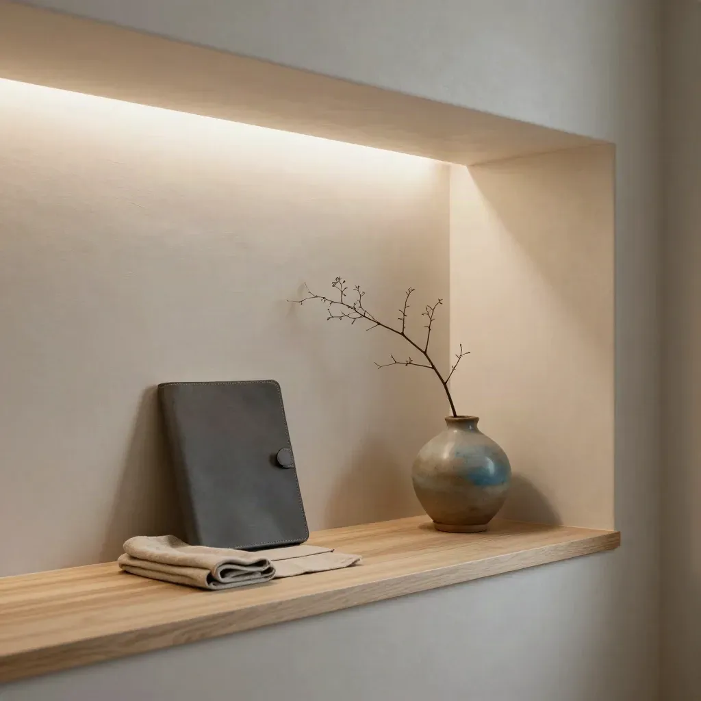 Ruang dalam minimalis dengan rak oak, dahan bayang, dan cahaya tingkap lembut.
