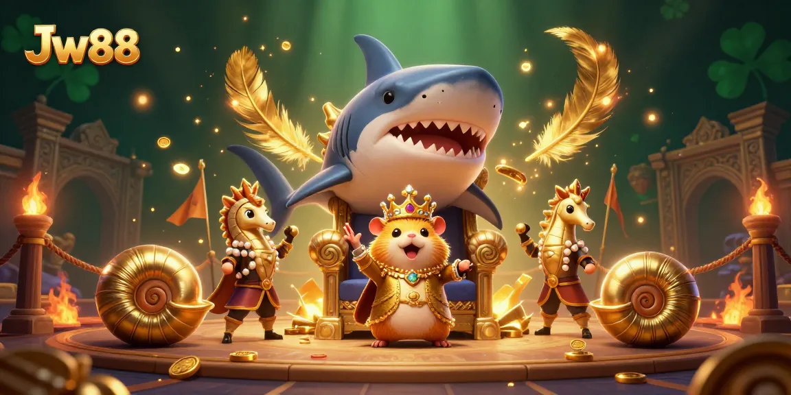 Engage in thrilling gameplay at Jw88 with a vibrant 3D illustration featuring a golden hamster king and marine guardians.