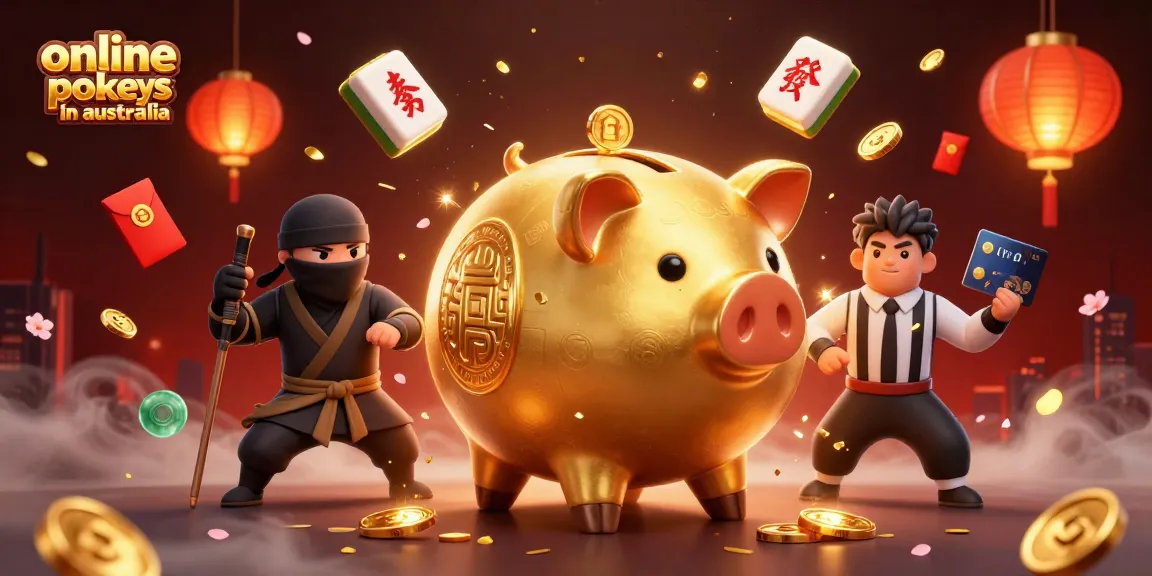 Play exciting online pokies in Australia with a vibrant scene of a sumo wrestler piggy bank celebrating wins.