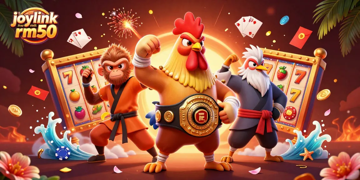 Engage in winning strategies with joylink free credit rm50 at the lively casino illustrated scene, showcasing characters and dynamic gaming elements.