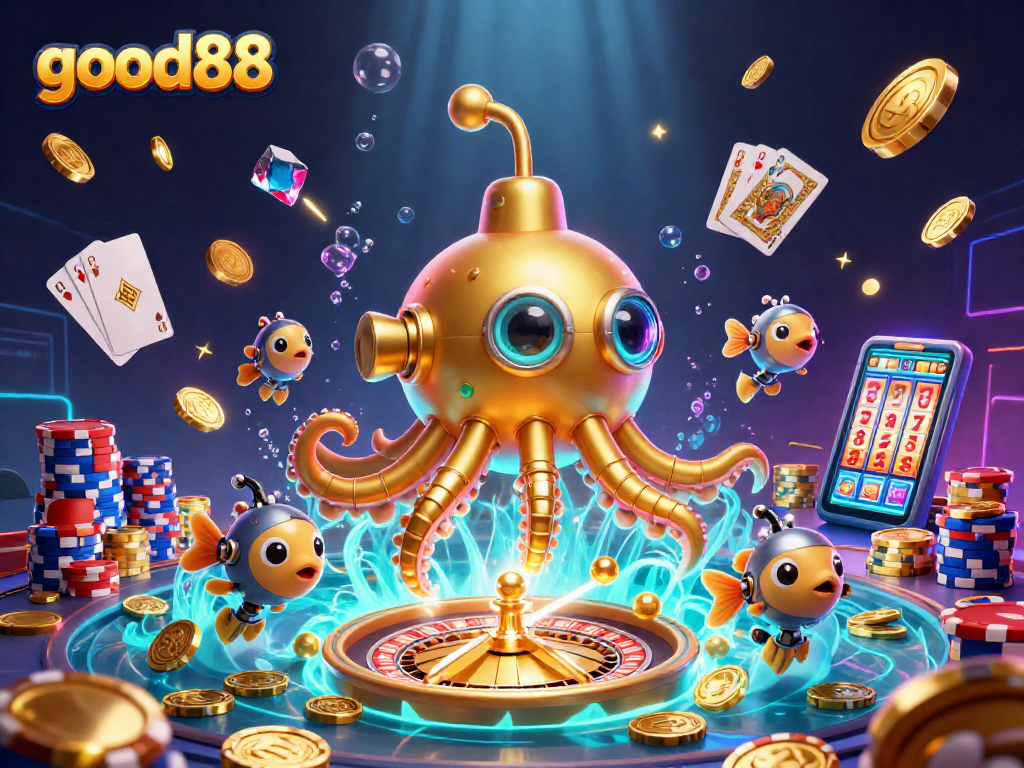 Experience thrilling gaming with good88 as the kraken submarine surfaces among gold coins and vibrant casino elements.