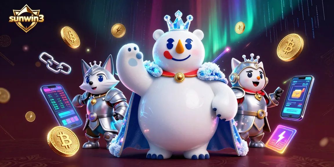 Win big at sunwin3 with a vibrant scene featuring an ice king polar bear and crypto elements.
