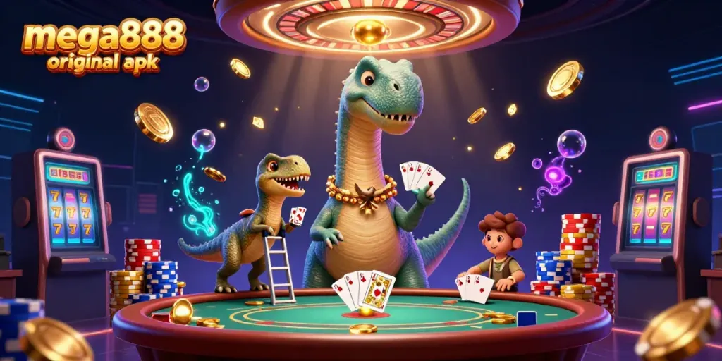 Experience thrilling gaming action with mega888 original apk in this dynamic casino illustration.