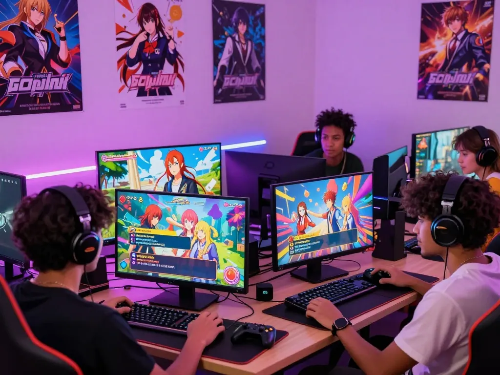 Engaging scene of players enjoying a porno game in a colorful gaming room.