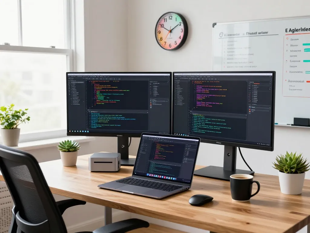 Developer using a mac mini in a modern workspace filled with coding screens and natural light