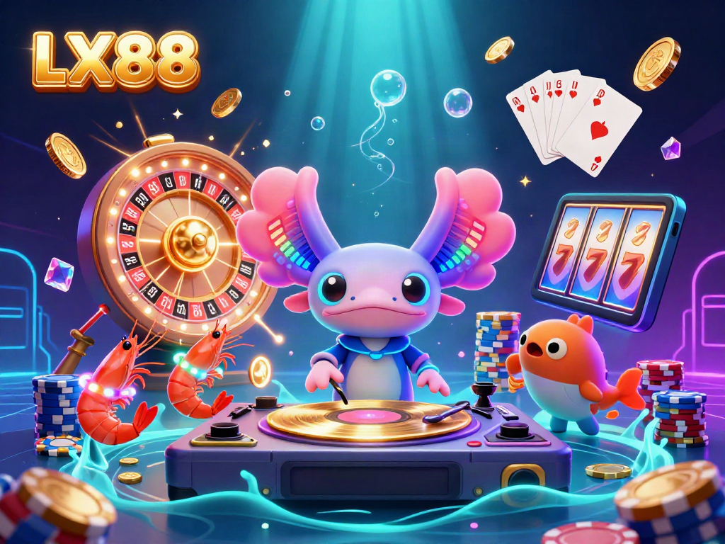 LX88 themed casino illustration of colorful underwater characters DJing while golden coins and poker chips fly around.