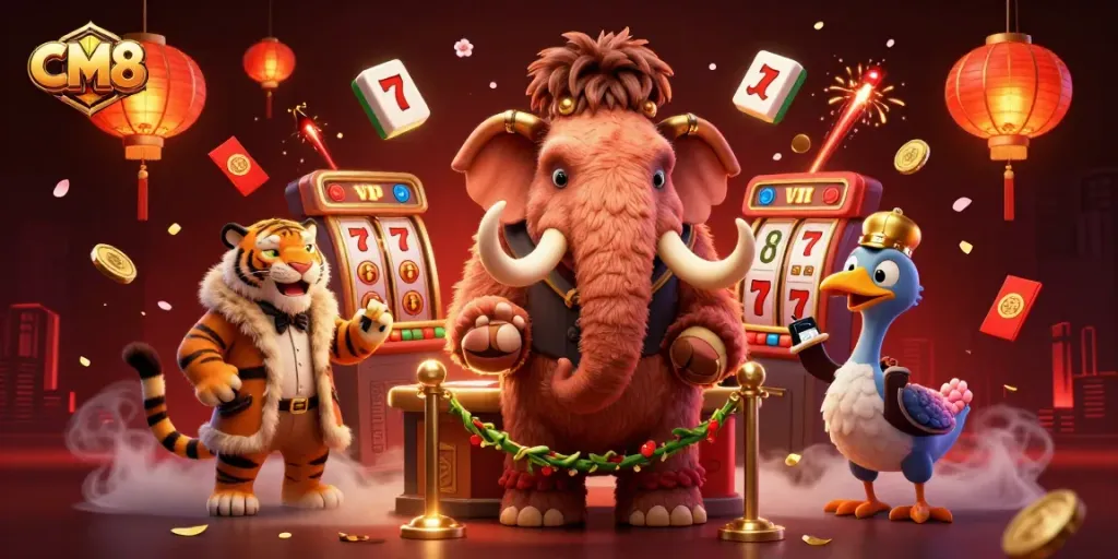 Engage thrilling CM8 casino adventures with bouncer and VIP characters amid vibrant slot elements.