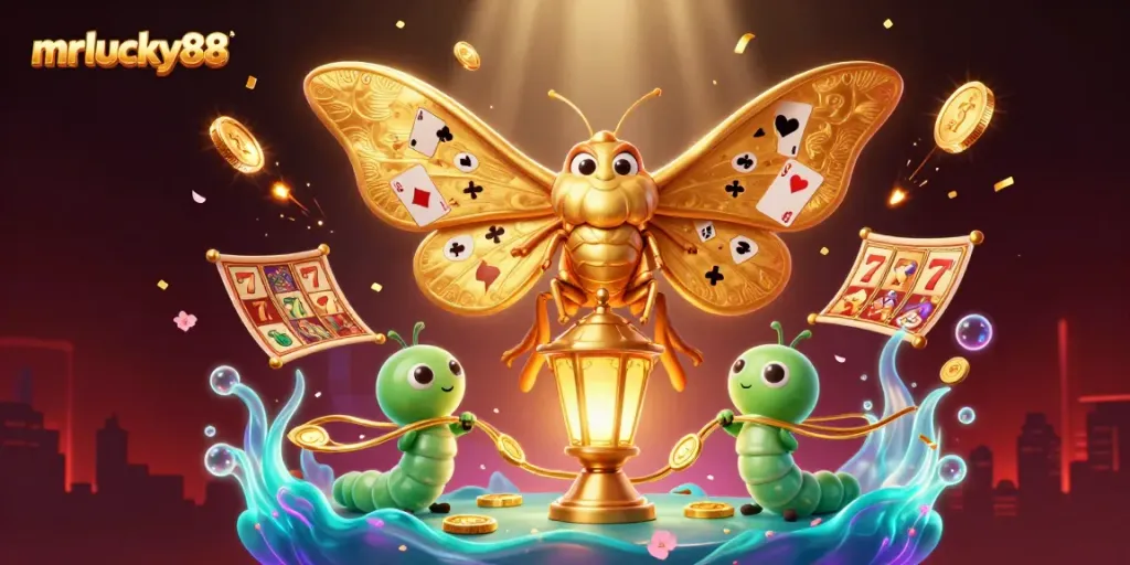 Play exciting games at mrlucky88 with a captivating scene of a golden atlas moth and casino elements.