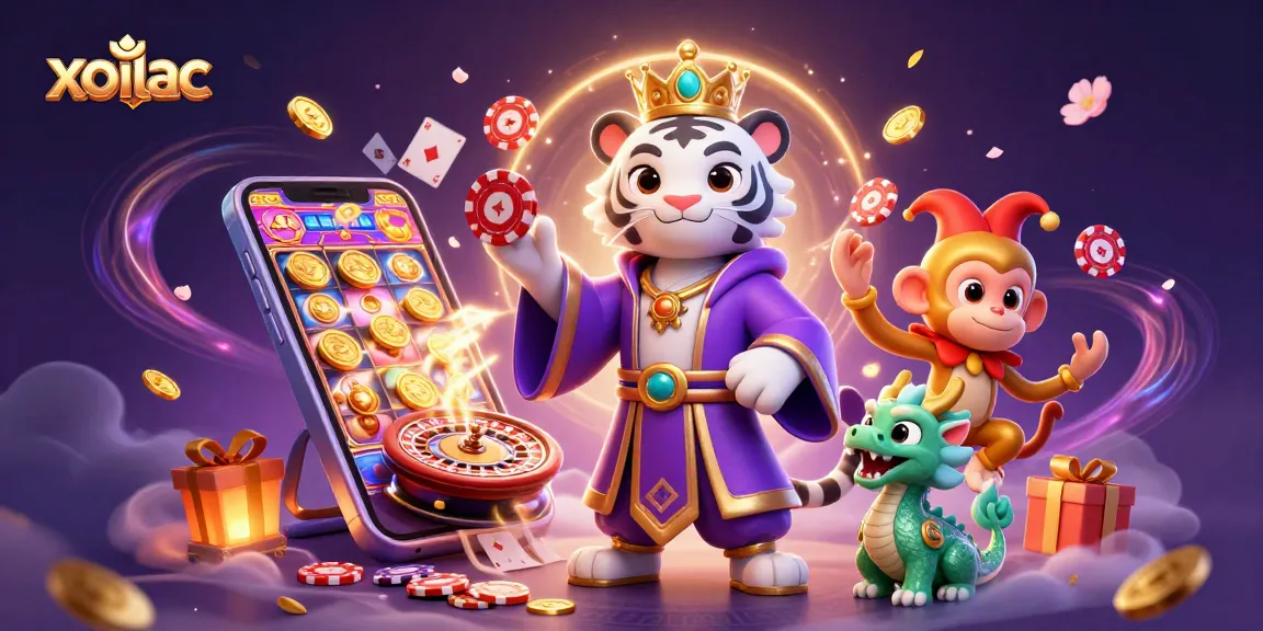 Engage with xoilac's exciting atmosphere featuring vibrant characters and lively casino elements.